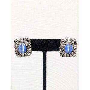 Premier Designs Blue Glass Cats Eye Silver Tone Pebble Texture Clip on Earrings